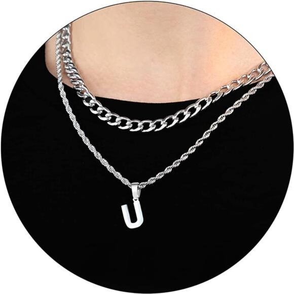 Jewelry - Layered Initial A-Z Letter Necklace for Men Stainless Steel Figaro Twist